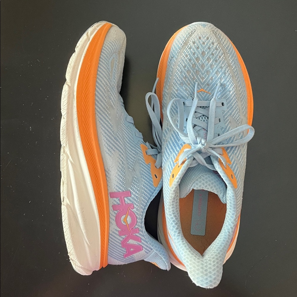 Hoka Women’s Clifton 9 Running Shoes - Light Blue, Orange & Pink Accents